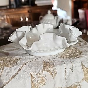 Fenton Hobnail Milkglass Dish Ruffle rare vintage Small